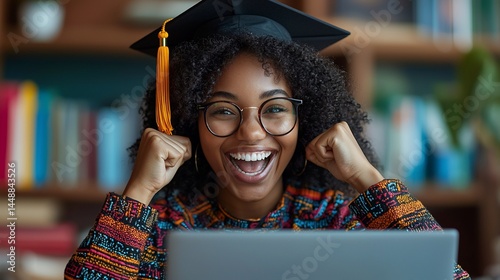 Wallpaper Mural Joyful graduate celebrates online, library background, education success Torontodigital.ca