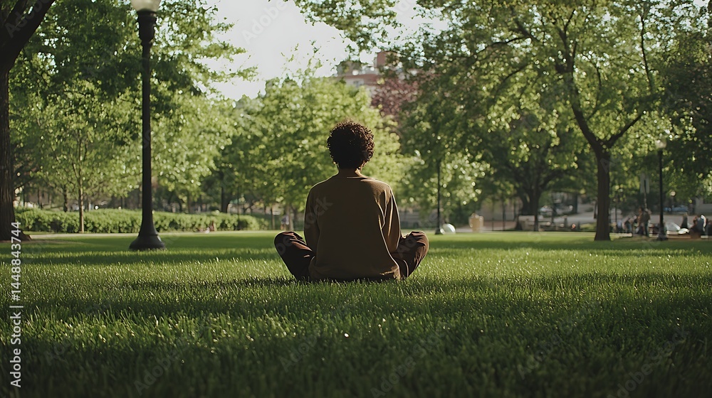 A contemplative mind with a peaceful park and a person meditating A contemplative mind with a peaceful park and a person meditating