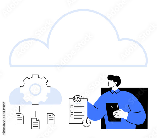 Large cloud hovering above, gear symbol, documents, and individual holding checklist and tablet. Ideal for teamwork, data storage, workflow planning, organization, digital tools productivity flat