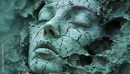 Close-up of a woman's face partially submerged in cracked, green clay