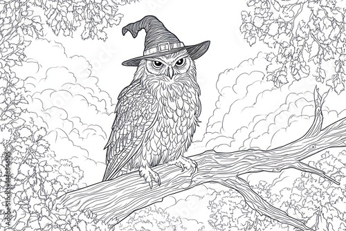 Wallpaper Mural An owl wearing a witch's hat perched on a tree branch amidst a cloudy sky, detailed line art Torontodigital.ca