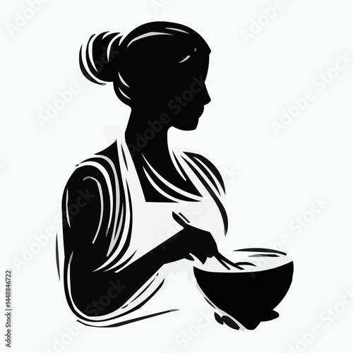 Woman Cooking Silhouette Stirring Bowl Against Light Background  