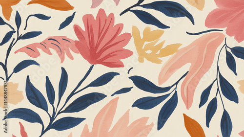 the scene features a collection of botanical illustrations. the composition is filled with various artistic flowers and leaves in assorted shapes and sizes