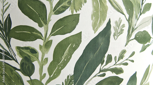 the image features a close up view of a fabric adorned with a pattern of various green plants. the background is a simple white, which allows the green foliage to stand out