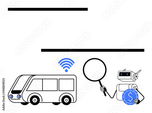 Robot holds magnifying glass beside connected autonomous bus, highlighting analysis, AI, transportation innovation. Ideal for smart mobility, AI-assisted navigation, IoT, future tech, automation
