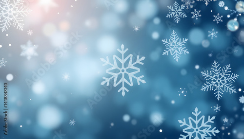 Snowflake Festive Background. Beautiful, Frosty Seasonal Banner with copy-space, digital art. with white shades