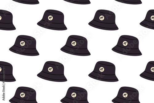 Seamless pattern with black bucket hats on white background