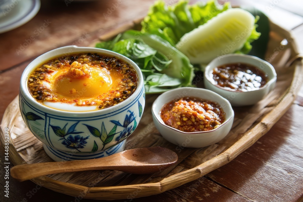 Bai Chakram topped with coconut cream and served with shrimp paste sauce in a local eatery a popular healthy dish in Tambon Yi San Samut Songkhram Bai Chakram topped with coconut cream and served with shrimp paste sauce in a local eatery a popular healthy dish in Tambon Yi San Samut Songkhram