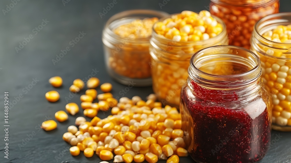 Sweet Corn Kernels and Berry Jam in Jars Sweet Corn Kernels and Berry Jam in Jars