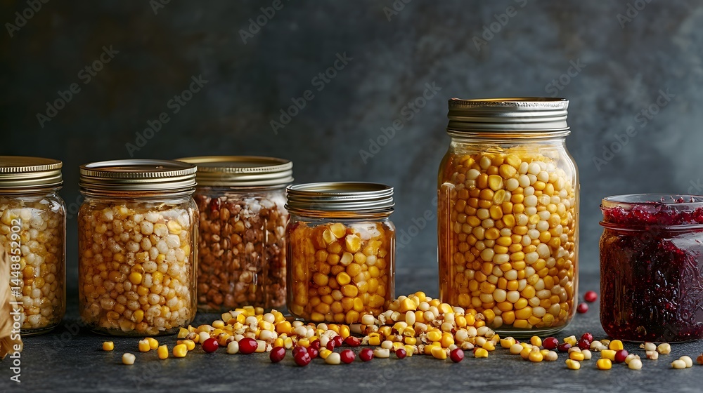 Preserved Corn Kernels in Glass Jars, Autumn Harvest Preserved Corn Kernels in Glass Jars, Autumn Harvest