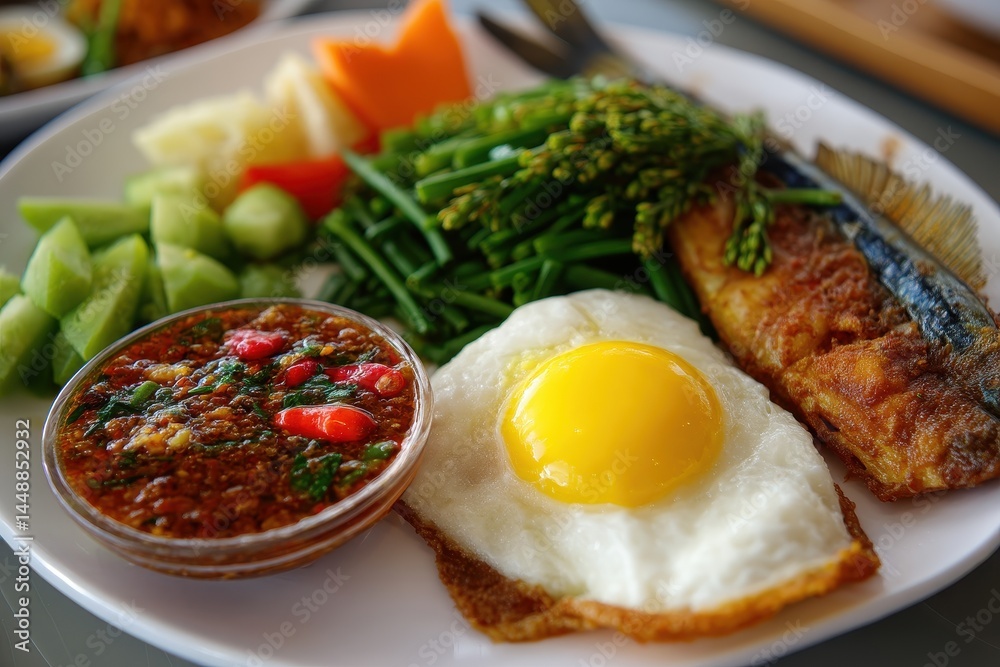 Chili shrimp paste sauce served with fried egg climbing wattle fried mackerel and boiled vegetables Chili shrimp paste sauce served with fried egg climbing wattle fried mackerel and boiled vegetables