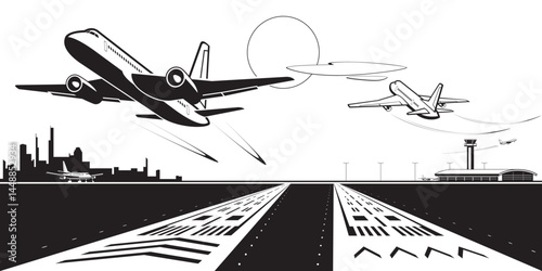Passenger airplanes landing and taking off on airport – vector illustration
