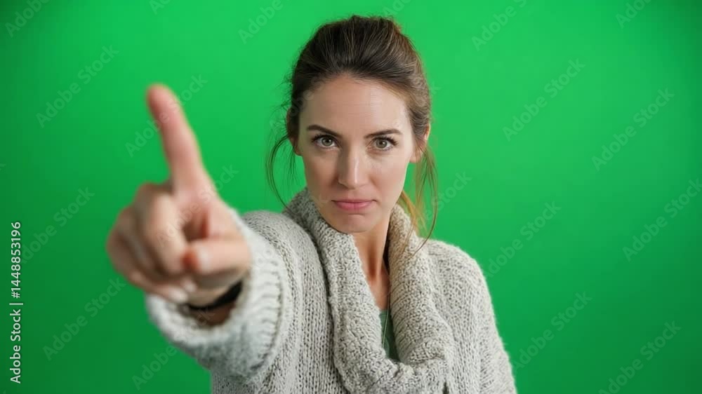 Woman's Serious Gesture: A woman with a serious expression points her index finger at the camera, set against a vivid green backdrop. The image encapsulates themes of direction and decisive action.