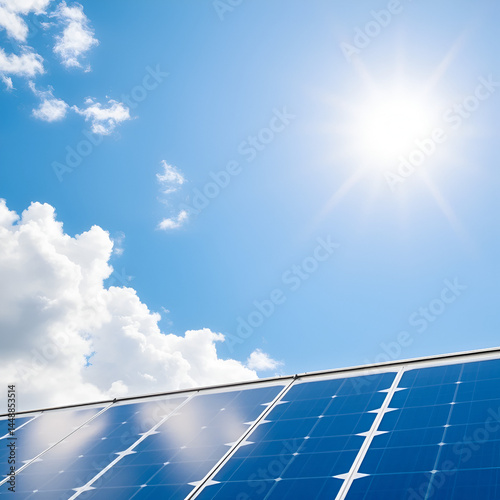 On a sunny day with white clouds and blue sky, solar panels convert sunlight into renewable energy, representing sustainable energy production and ecofriendly practices for a greener future.