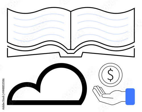 Open book symbolizing learning, cloud for online technology, and hand offering coin for finance. Ideal for education, e-learning, digital tools, financial aid, innovation, investment simple landing