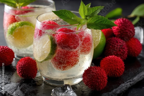 Chilled lychee beverage featuring raspberry lime mint and ice A non alcoholic sparkling refresher ideal for summer