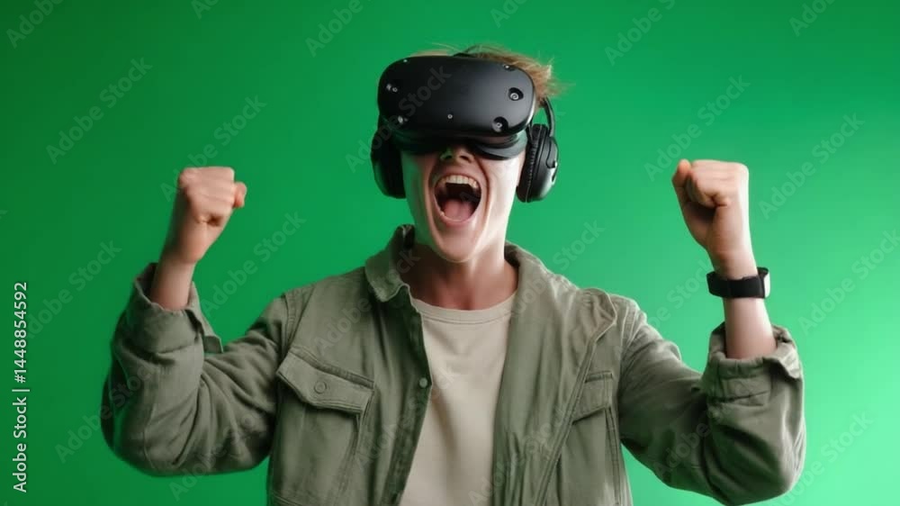 VR Gamer’s Elation: A person is completely immersed in a virtual reality experience, exuding pure joy and excitement with a green background.