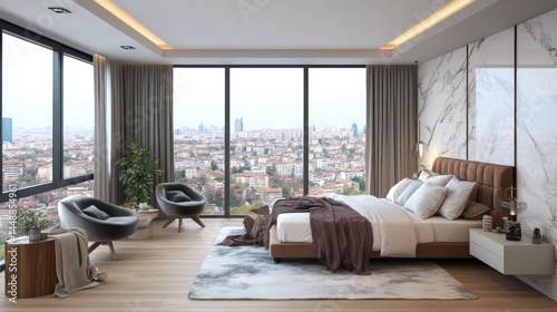 Modern bedroom with panoramic city views, showcasing sophisticated interior design.