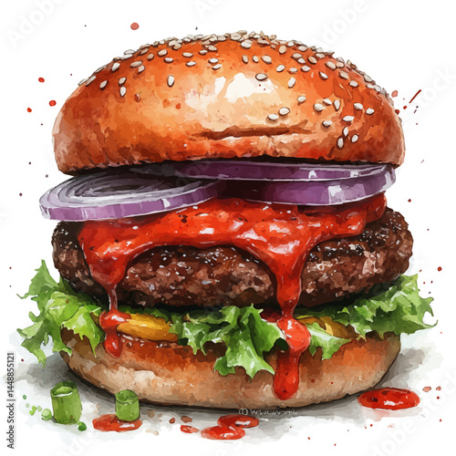 Burger With Dripping Sauce And Sesame Seeds, vector watercolor illustration, isolated on a white background.