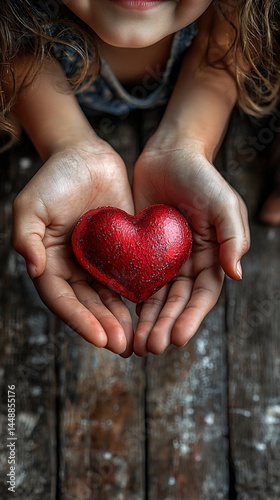 Wallpaper Mural Child's hands holding red heart, wooden background, love, charity Torontodigital.ca
