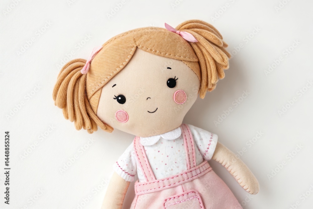 Fototapeta premium Cute Handmade Doll With Pigtails and Pink Outfit for Children