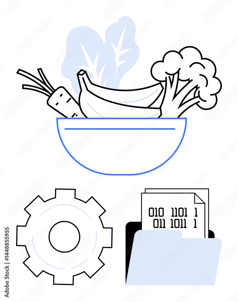 Bowl of fresh vegetables next to a cogwheel and binary data folder suggesting technological integration with health, nutrition, and lifestyle. Ideal for healthy living, technology, data analysis Bowl of fresh vegetables next to a cogwheel and binary data folder suggesting technological integration with health, nutrition, and lifestyle. Ideal for healthy living, technology, data analysis