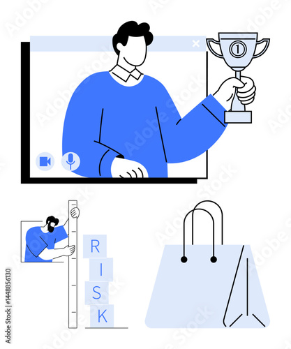 Person holding trophy during video call, risk measuring concept, shopping bag. Ideal for business growth, achievement, teamwork, online communication, analysis, leadership simple landing page