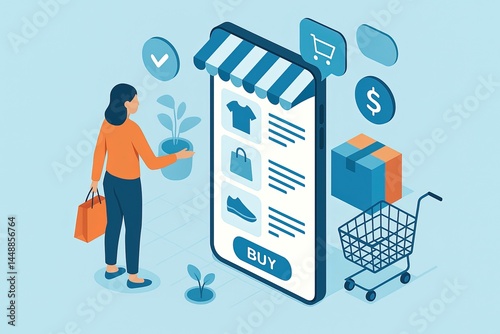 Isometric Illustration of Online Marketplace Shopping on Mobile App