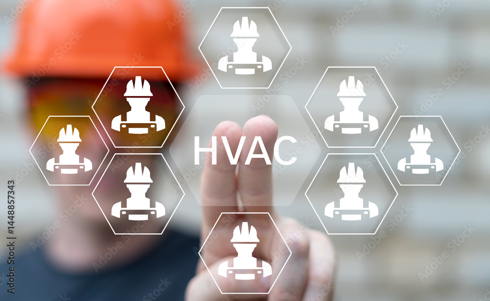 Worker using virtual touch screen push button with text: HVAC. Concept of HVAC or Heating Ventilation Air Conditioning. Use of various technologies to control temperature, humidity and purity air.