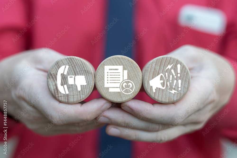 Business person holding wooden blocks with icons symbolizing concept: COMPLAINTS. Client complaints, bad rating review, experience negative, low quality service, unhappy customers. Complaint concept.