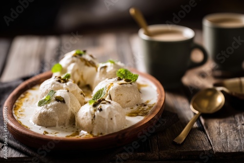 Dahi Vada a favored Indian snack consists of soaked vadas in creamy yogurt and is accompanied by tamarind chutney photo