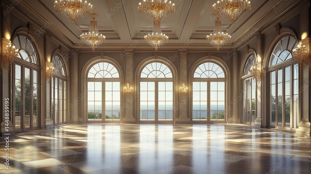 Fototapeta premium Spacious ballroom with grand windows and chandeliers.