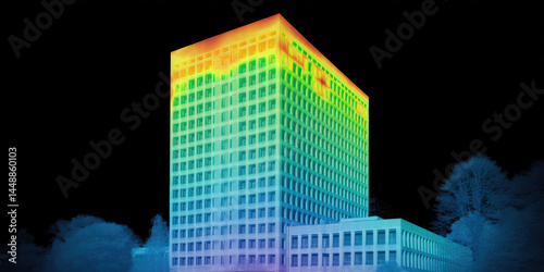 A tall building displays a thermal image with varying colors indicating temperature differences. Thermal imagery of architecture