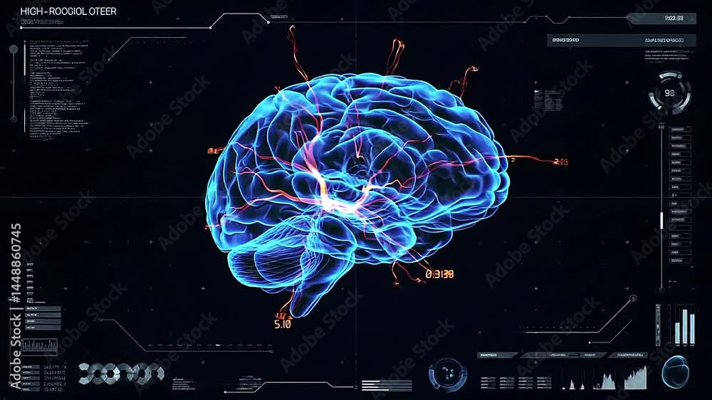 Futuristic animation of a human brain in blue with rotating 3D motion, medical interface data overlays, dark tech background