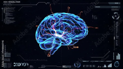 Futuristic animation of a human brain in blue with rotating 3D motion, medical interface data overlays, dark tech background