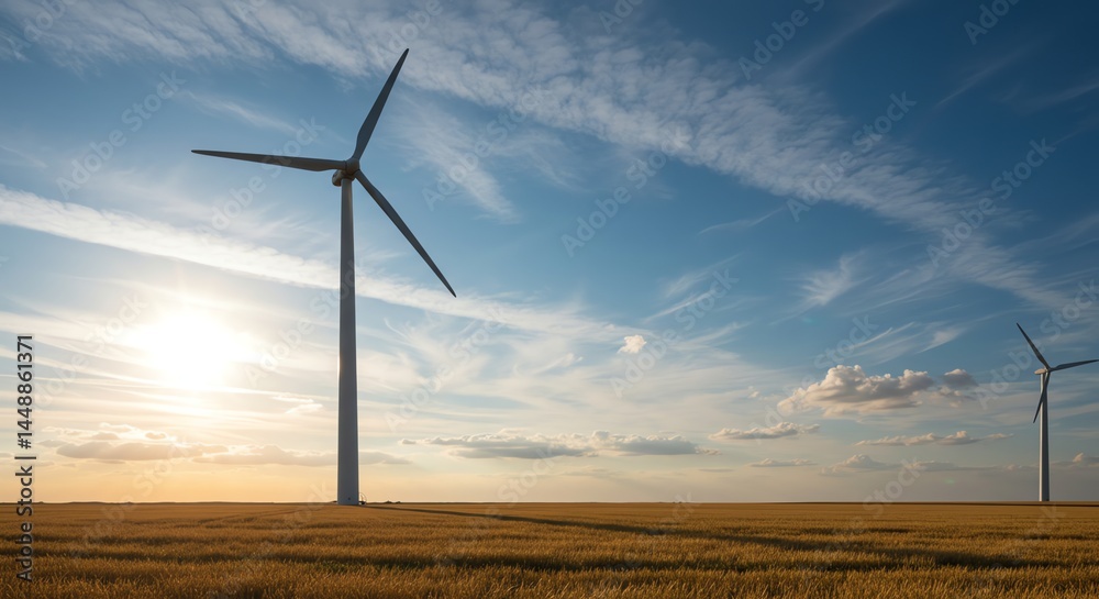 Obraz premium Serene Sunset: Wind Turbines in Golden Field