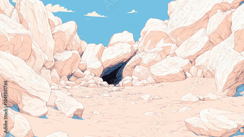 the image shows a rocky landscape with a cave entrance. large, light colored rocks form a natural enclosure around an opening that leads into darkness