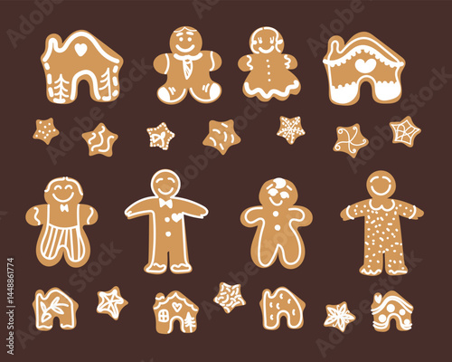 Vector illustration.Christmas gingerbread cookies decorated with white sugar gleze. In the shape of a Christmas gingerbread house, a star, snowflakes, a gingerbread man and girl  with a cane, stars 