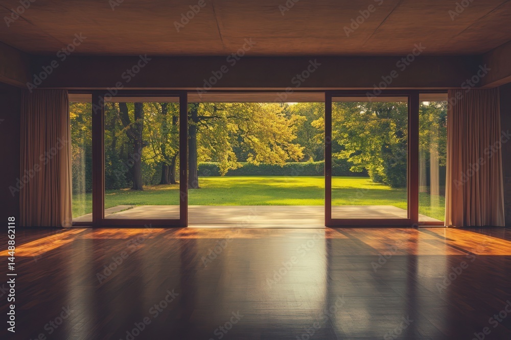 Fototapeta premium Spacious room with large windows showcasing a beautiful garden