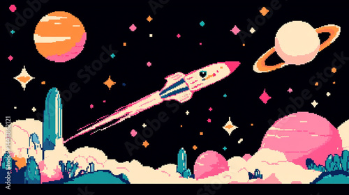 the image portrays a retro digital scene of outer space with various celestial bodies. a rocket with a trail flies diagonally across the dark sky, surrounded by colorful, blocky stars