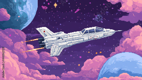 this digital rendering presents a spaceship in flight amidst a colorful cosmic setting