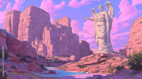 the scene presents a towering stone figure with wings amidst a landscape of layered rock formations. these rock structures rise dramatically from the ground, showcasing a rugged and arid environment