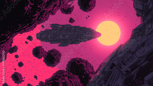 a large, detailed spacecraft is the focal point, flying amidst a scattering of dark asteroids. the spacecraft exhibits a boxy, utilitarian design, with intricate surface details