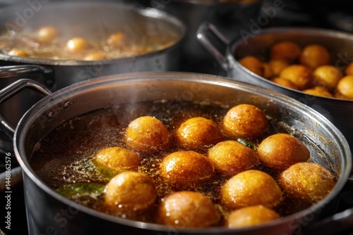 Fish balls in Chinese curry simmering in pots with room for text photo