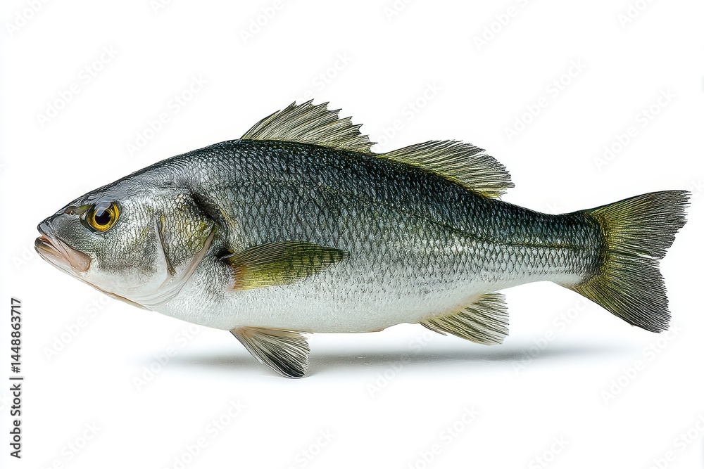 Fototapeta premium Fresh sea bass on white background with cutout