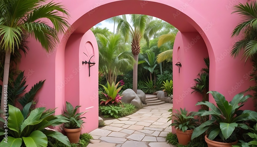 Naklejka premium A pink arched doorway leading to a lush, tropical garden with palm trees, large rocks, and potted plants created with generative ai
