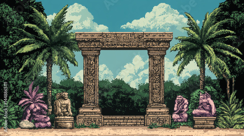 the scene features a weathered stone archway situated amidst lush tropical foliage. two verdant palms frame the archway, while additional plants and sculpted figures populate the foreground