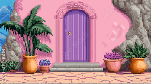 a pixelated scene depicts the exterior of a structure, featuring a prominent purple door set within an arched opening and a pink wall