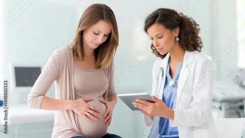 Female doctor consulting with pregnant patient during prenatal checkup, viewing test results on a tablet computer, healthcare concept in clinic.