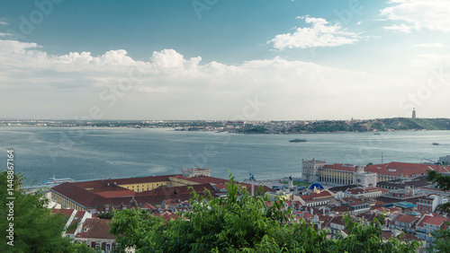 Bird view of Lisboa downtown. Baixa rooftops with the Commerce square. Portugal timelapse